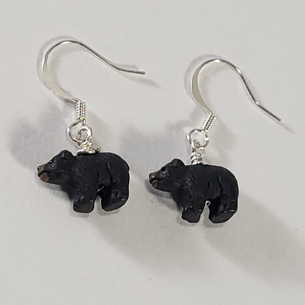 Handmade Black Bear Earrings Silver Tone Animal Nature Dangle Jewelry